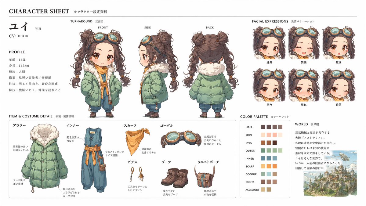 GPT Image 2 anime character sheet for 'ユイ / YUI', three-view turnaround with expressions, outfits and color palette