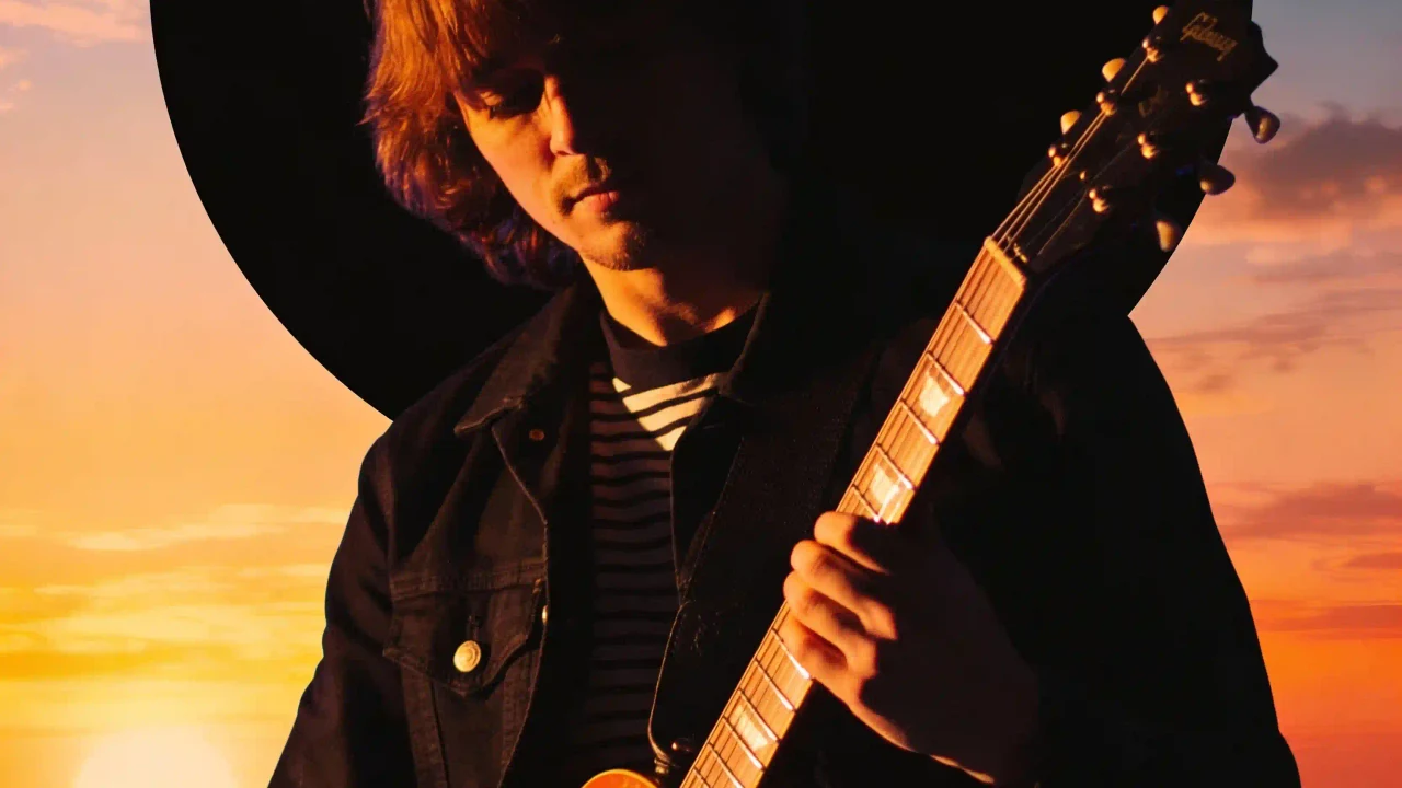 Grok Imagine synthwave guitarist hero background