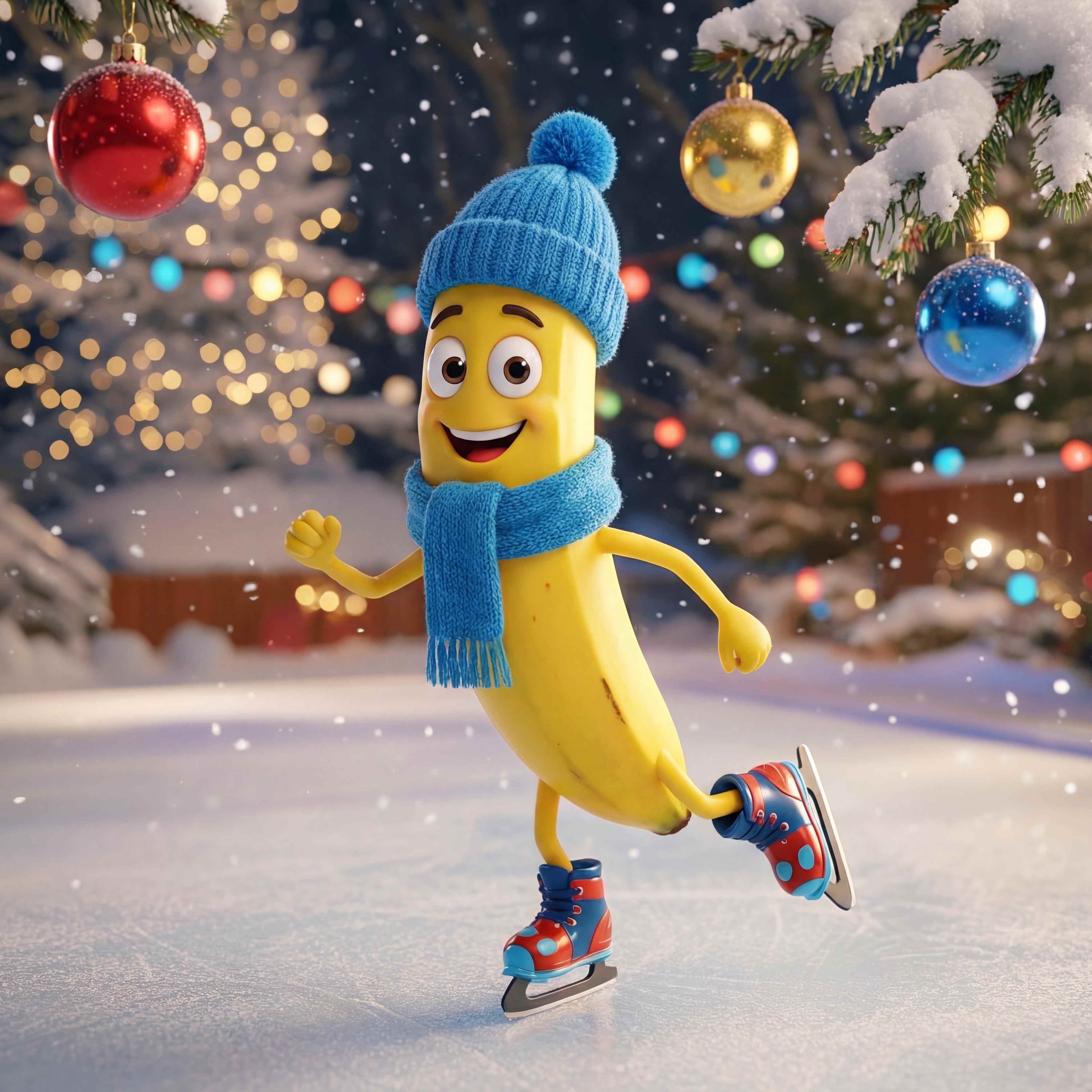 Nano Banana 2 AI generated - 3D Christmas banana character ice skating Pixar animation style