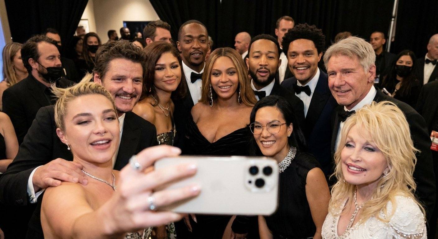 Nano Banana 2 AI generated - Celebrity group selfie awards show backstage photo