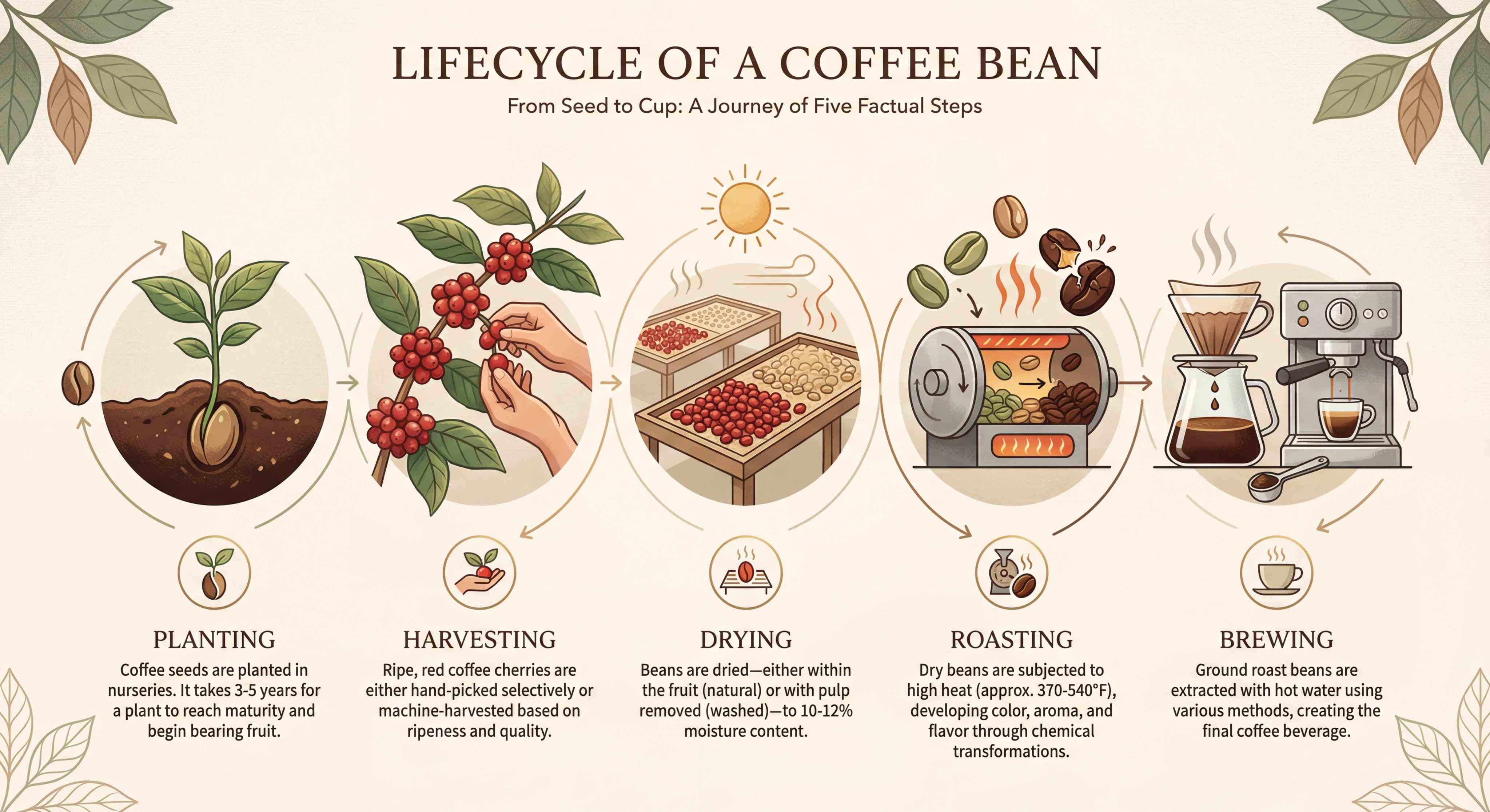 Nano Banana 2 AI generated - Coffee bean lifecycle infographic from seed to cup