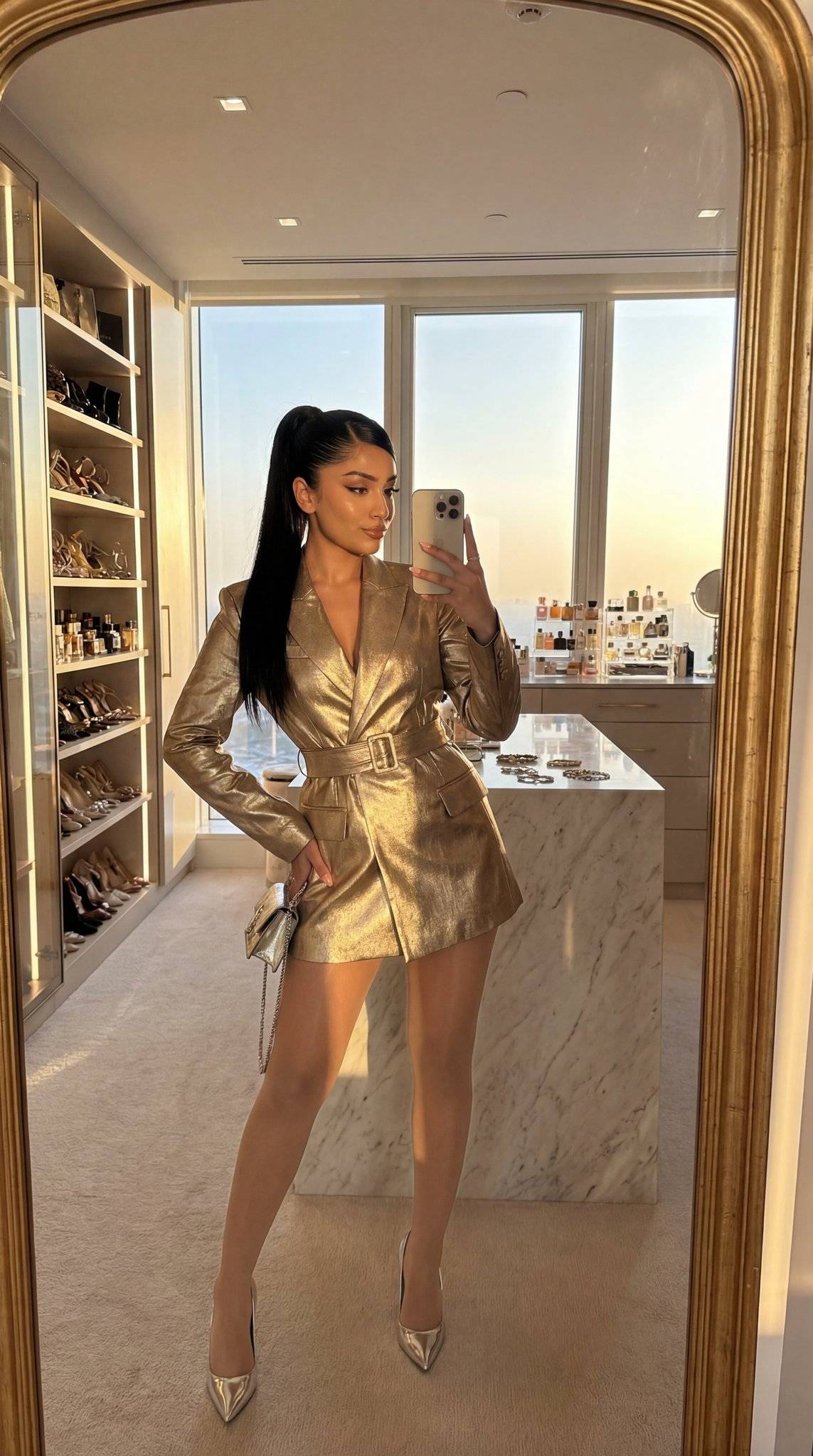 Nano Banana 2 AI generated - Gold metallic blazer fashion mirror selfie portrait