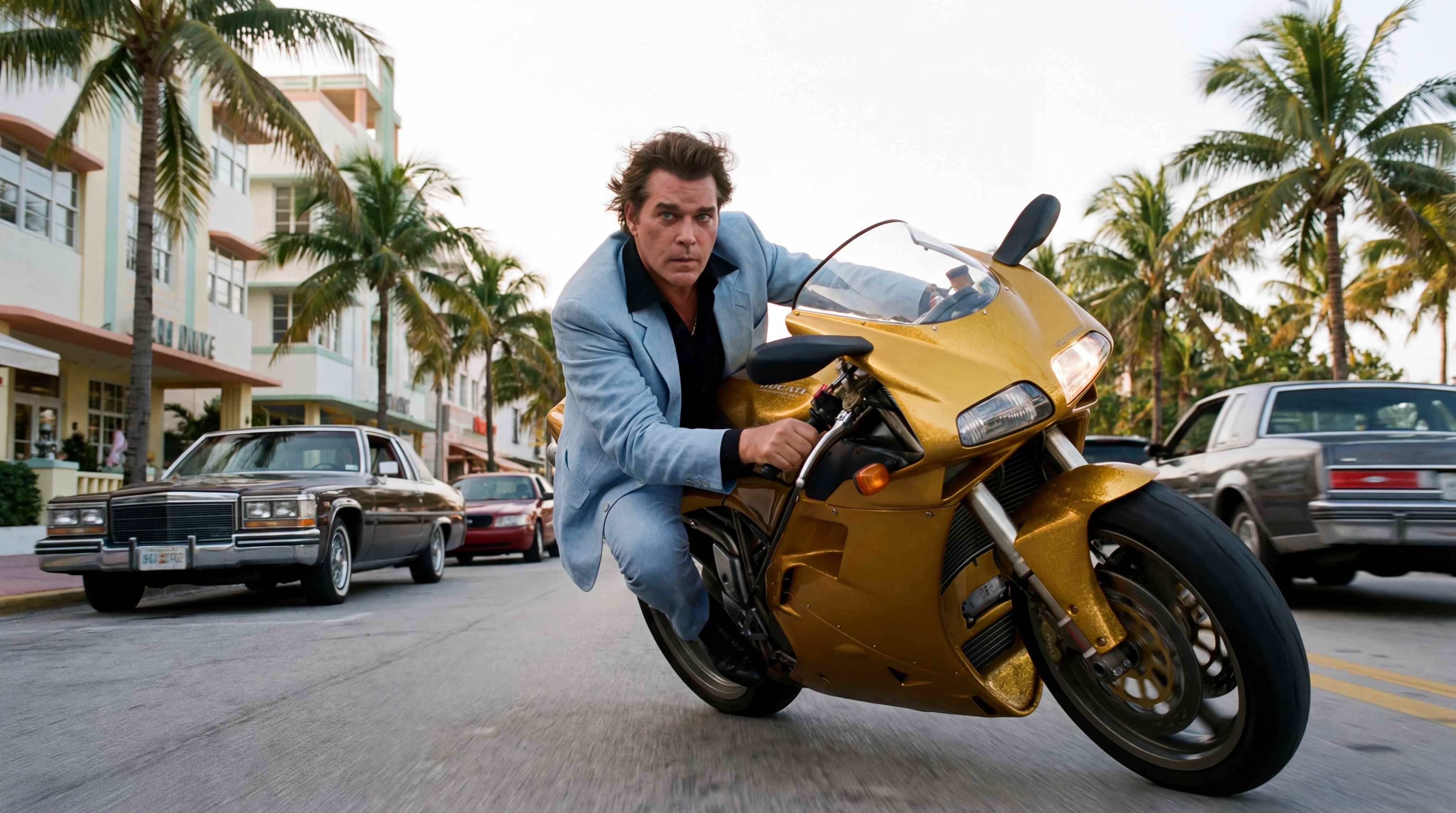 Nano Banana 2 AI generated - Golden motorcycle Miami beach action chase scene