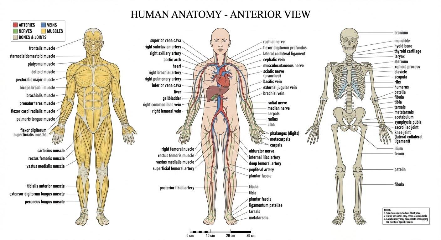 Nano Banana 2 AI generated - Human anatomy anterior view medical diagram muscle skeletal system