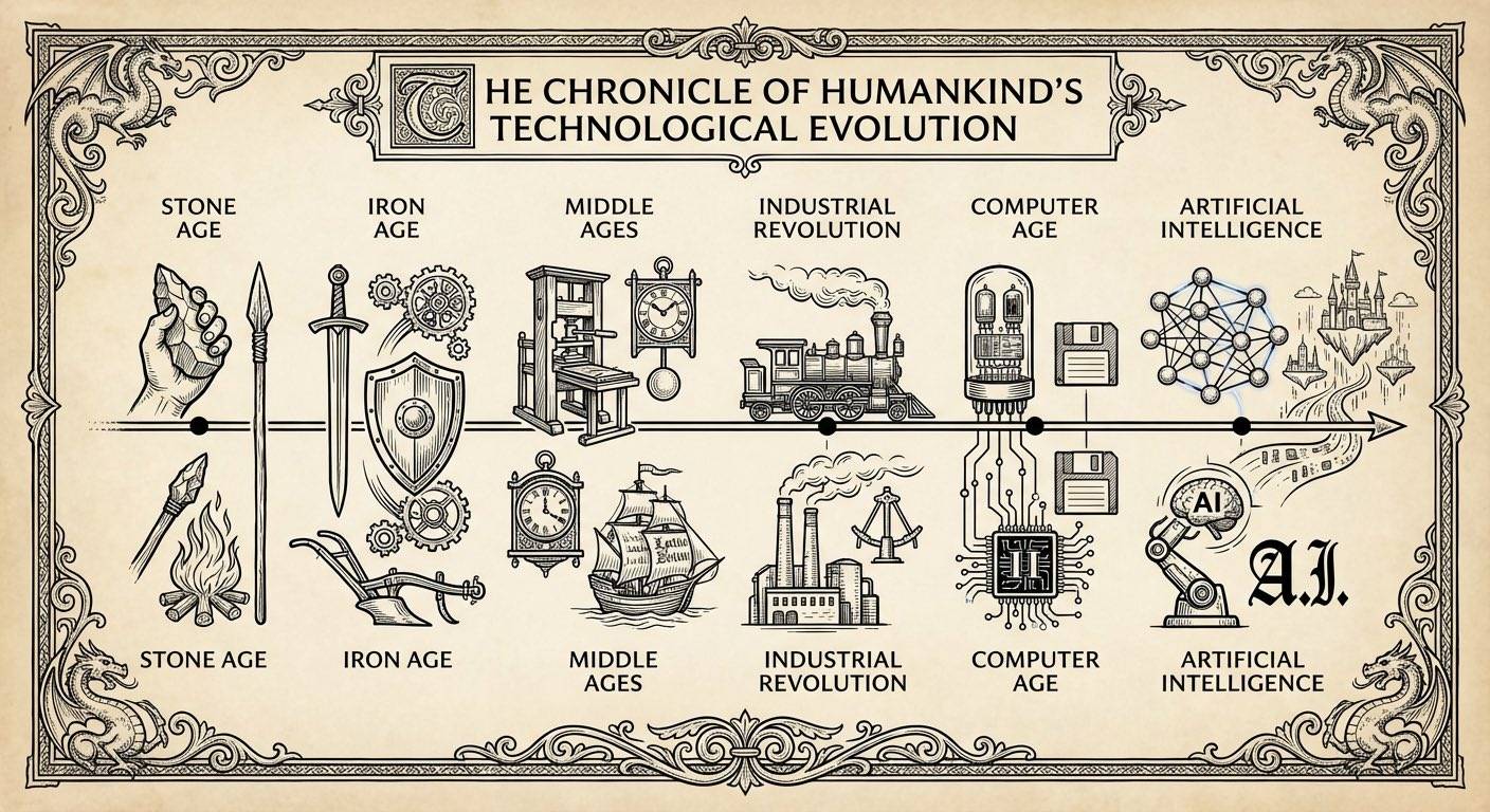 Nano Banana 2 AI generated - Human technology evolution timeline infographic from stone age to AI