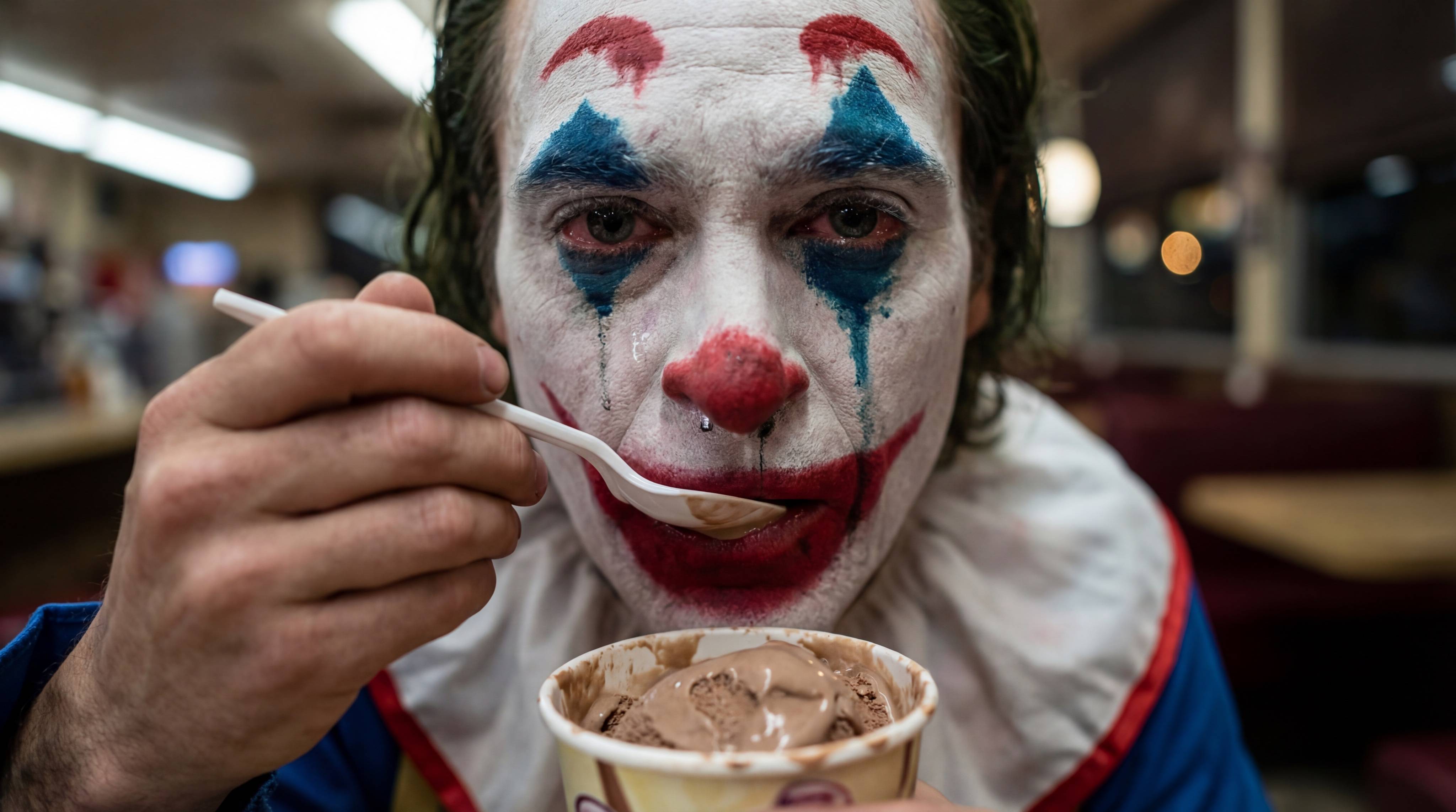 Nano Banana 2 AI generated - Joker clown makeup character eating ice cream diner creative