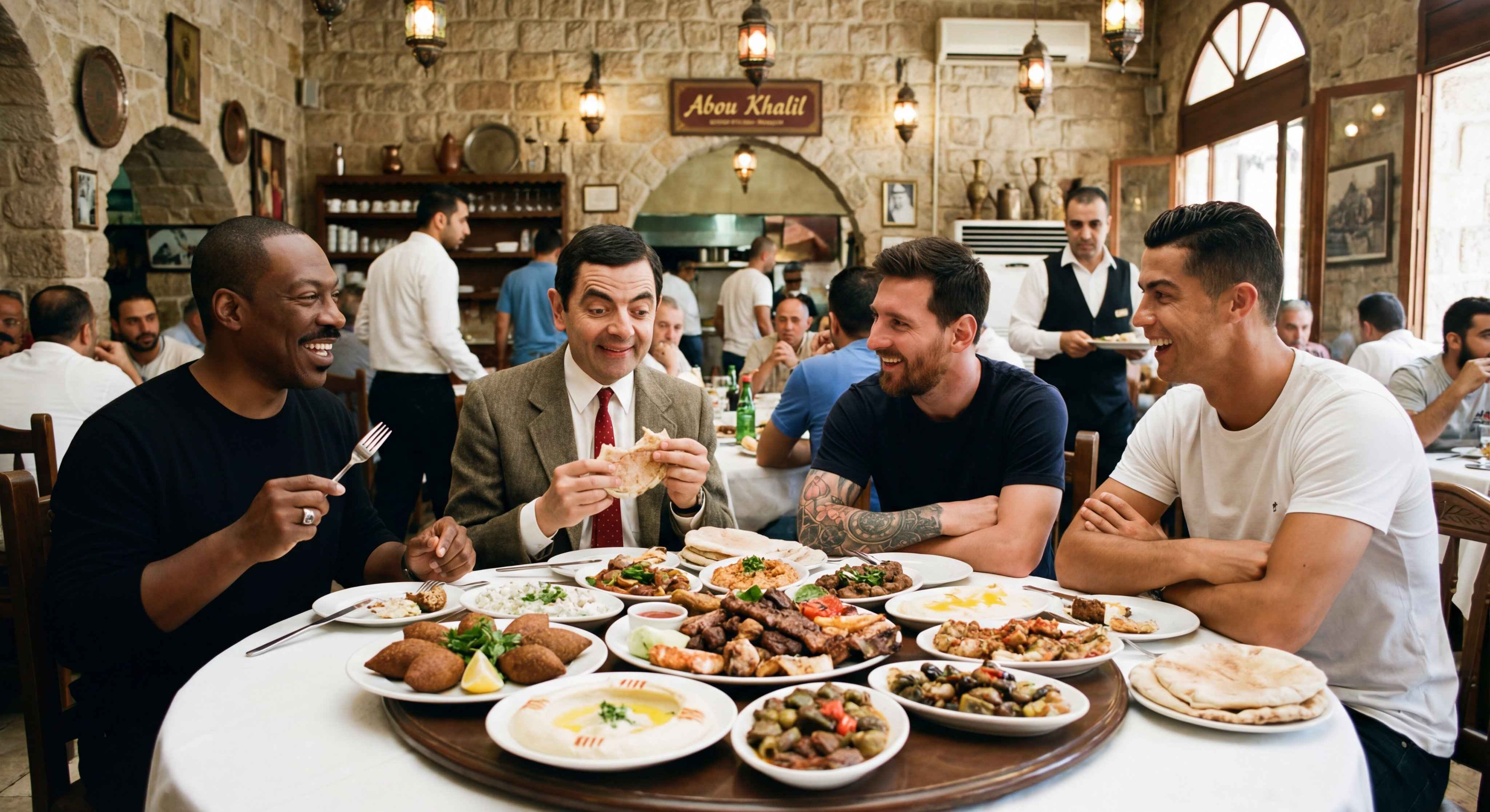 Nano Banana 2 AI generated - Middle Eastern restaurant feast friends dining joyful scene