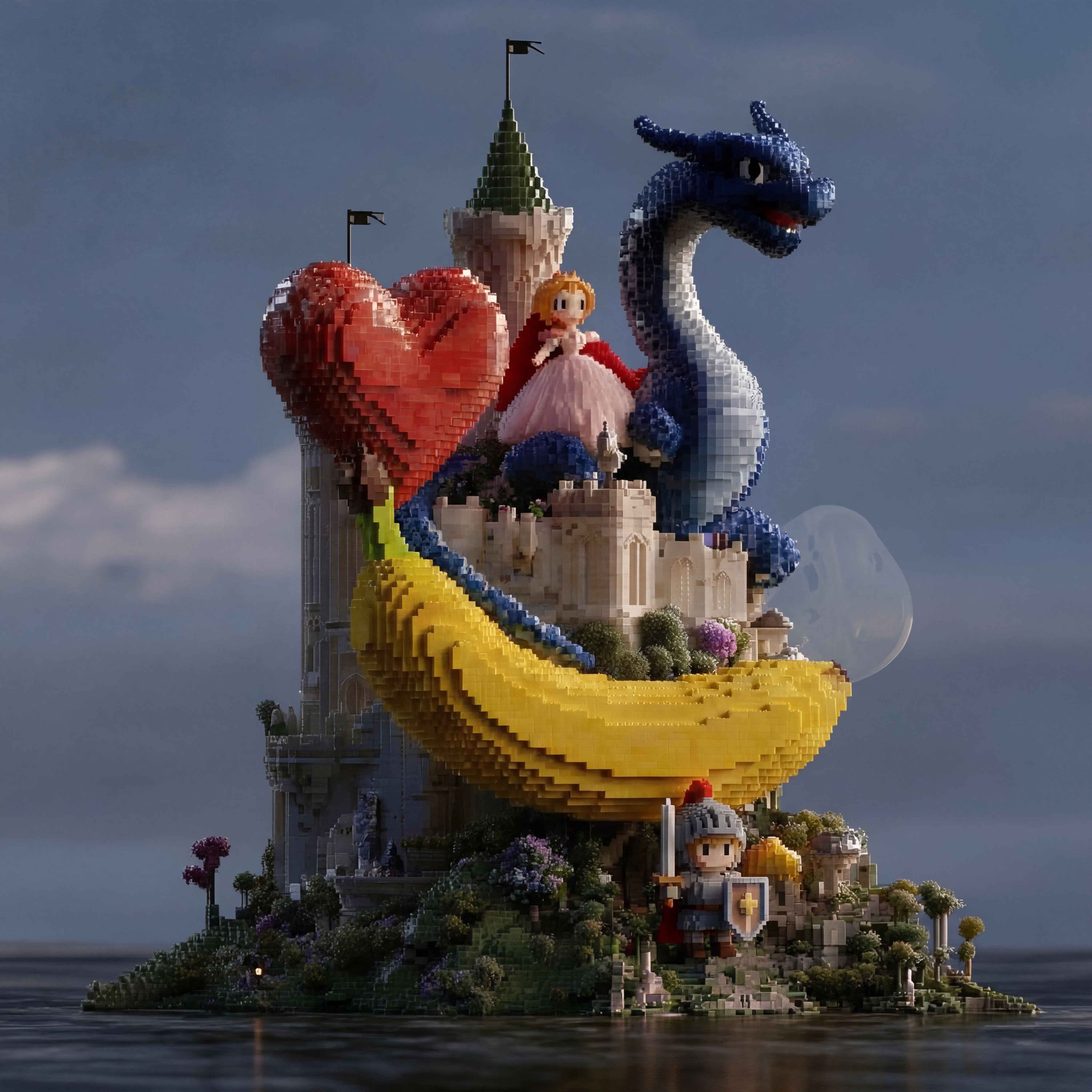 Nano Banana 2 AI generated - Minecraft voxel style banana castle dragon princess knight