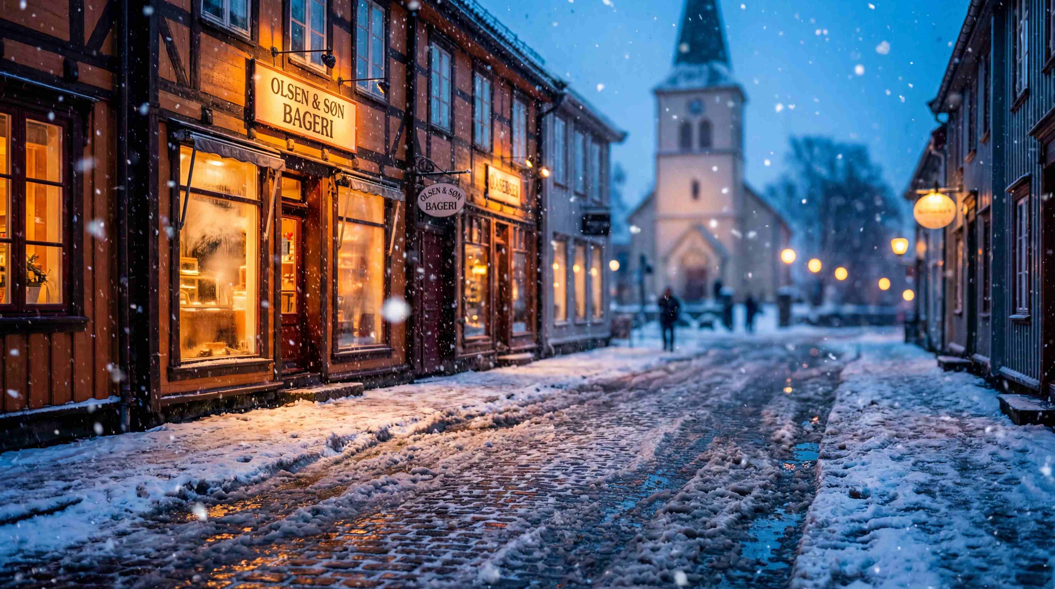 Nano Banana 2 AI generated - Nordic winter street snow bakery cozy night scene photography