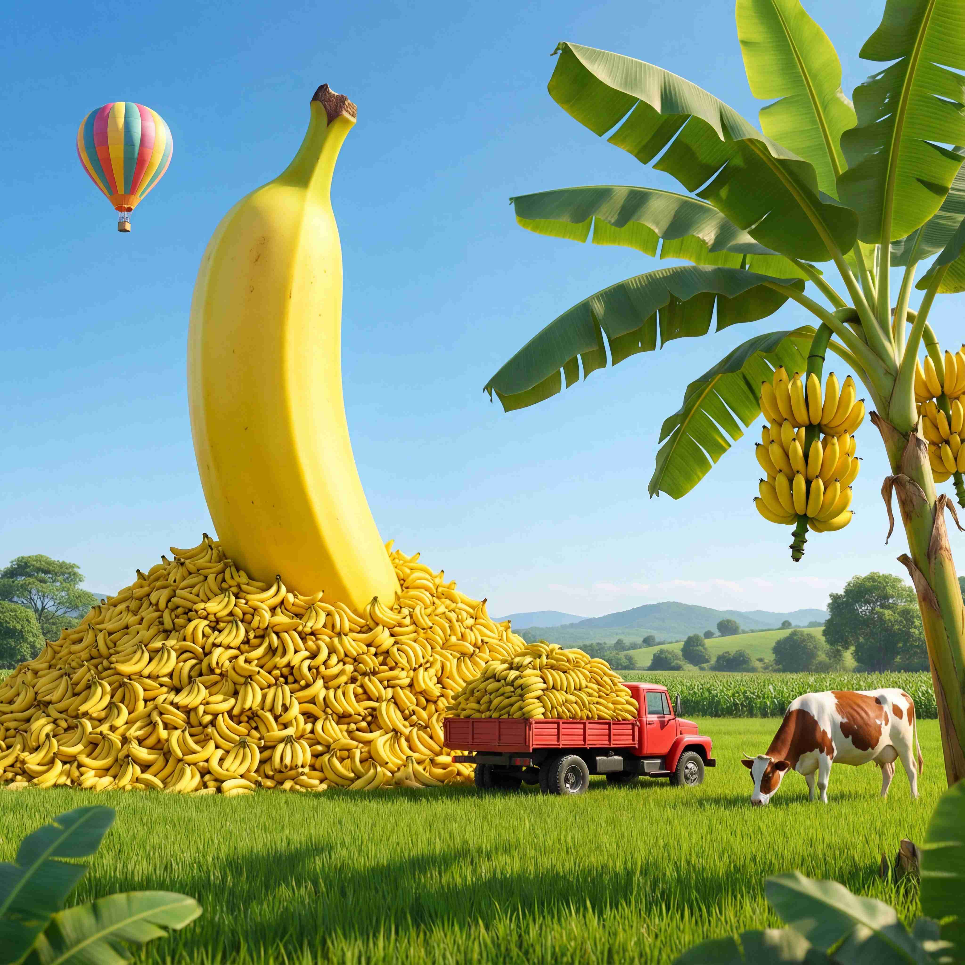 Nano Banana 2 AI generated - Surreal giant banana pastoral landscape hot air balloon composite