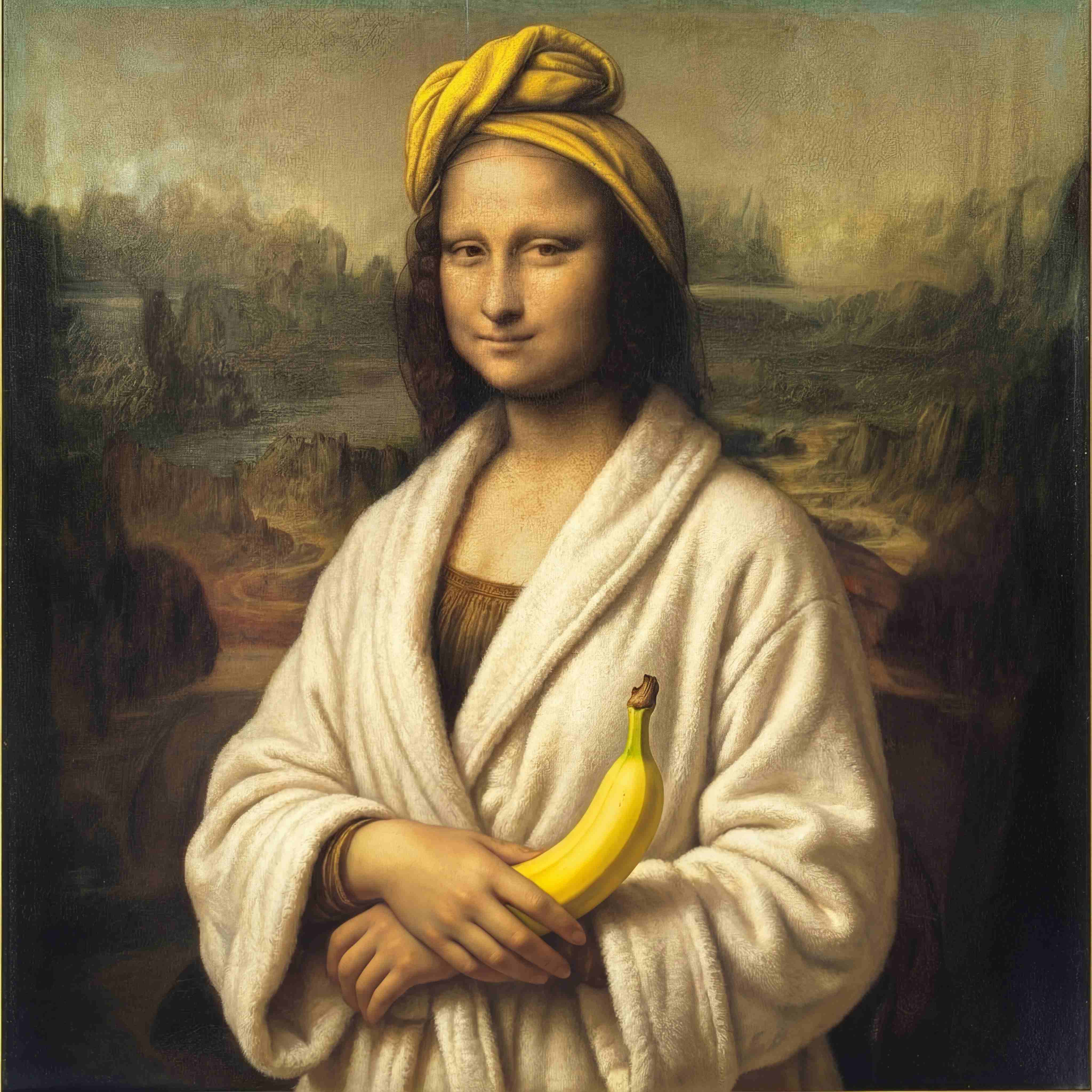 Nano Banana 2 AI-generated Mona Lisa banana art, Renaissance painting style parody creative work