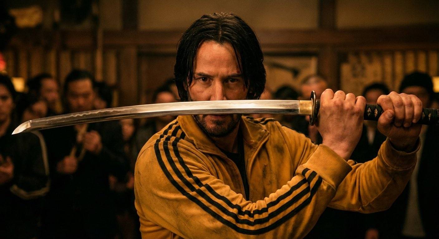 Nano Banana 2 AI-generated cinematic warrior action scene, samurai in yellow tracksuit with katana, dramatic lighting