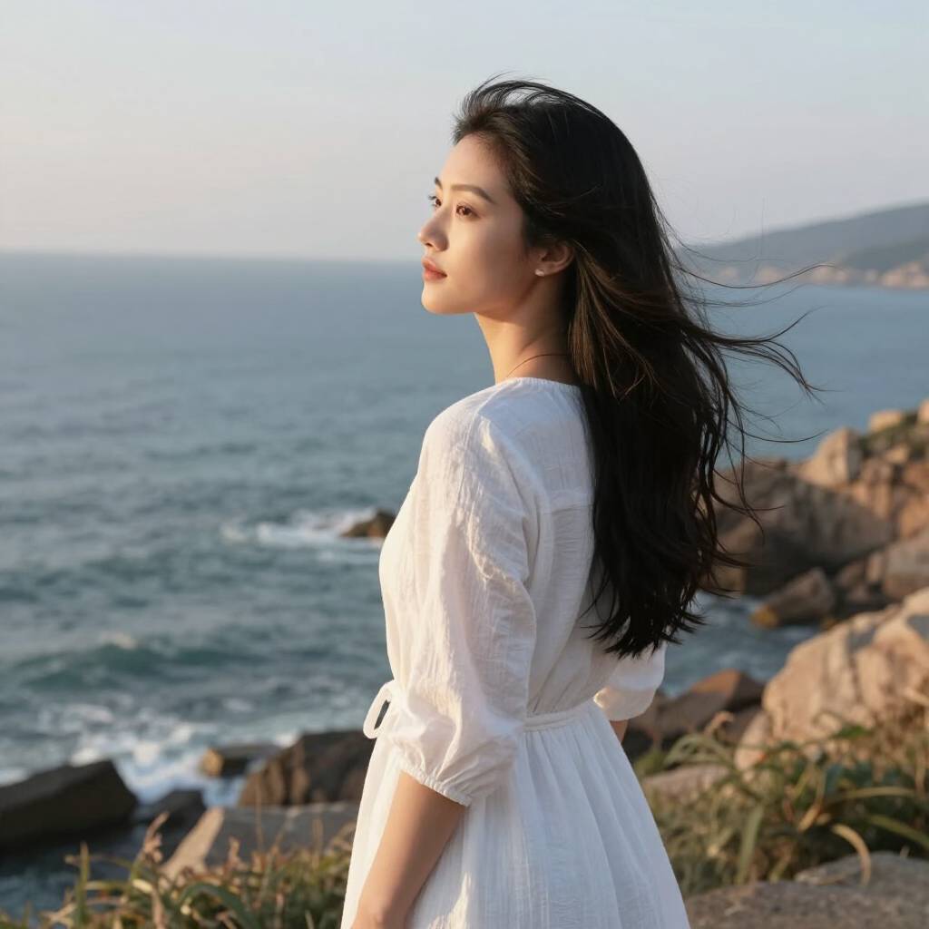 Z image generated photorealistic Asian female portrait on coastal cliff at golden hour
