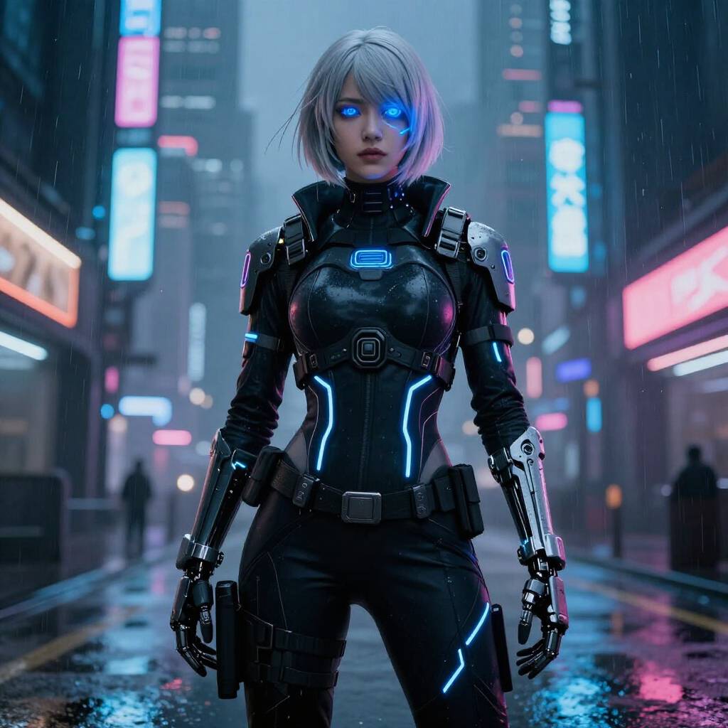 Z image AI generated cyberpunk female warrior in neon futuristic city
