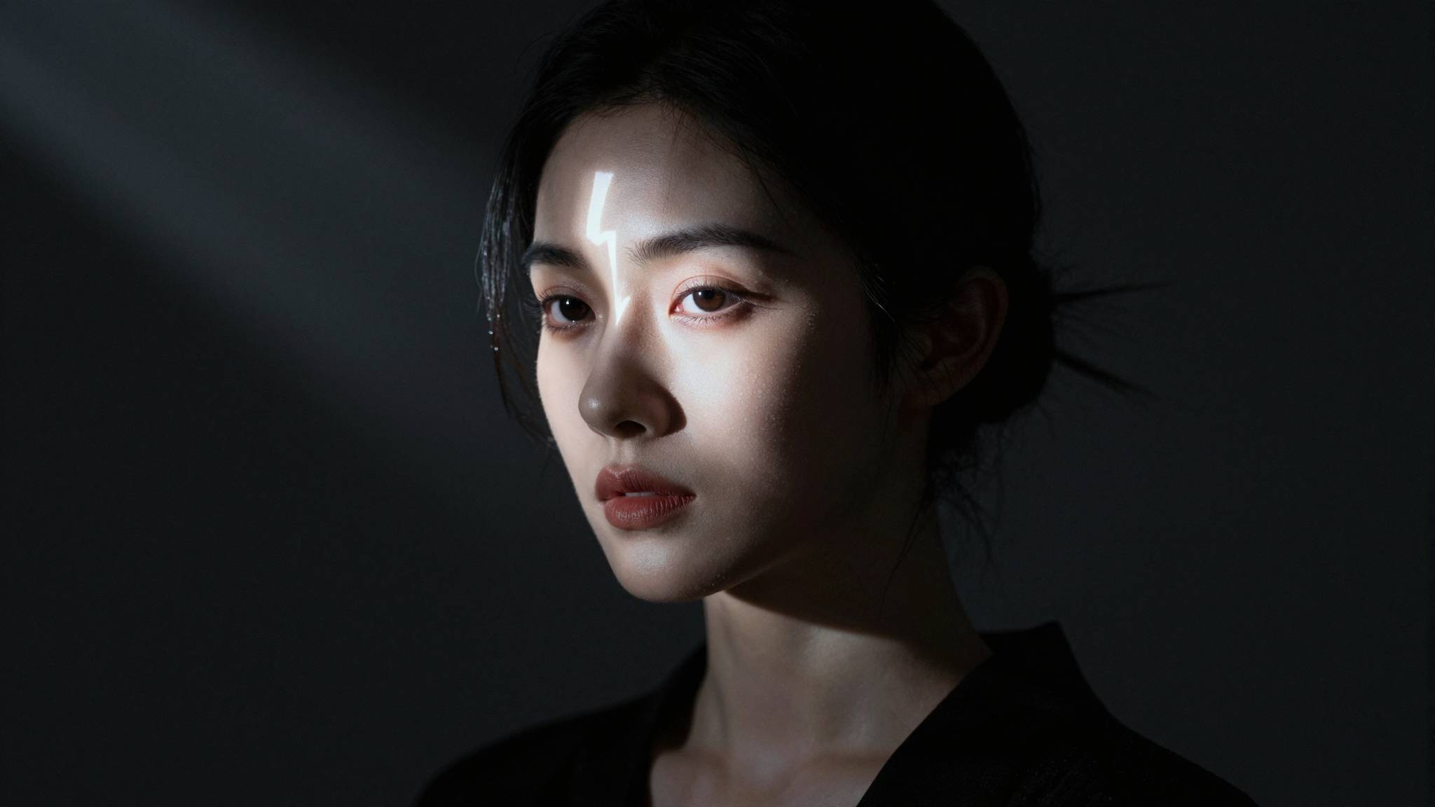 Z image AI generated dramatic Chinese beauty with lightning shadow effect