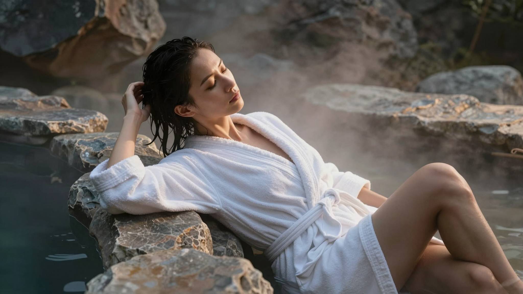 Z image AI generated Dutch angle portrait of woman relaxing by hot spring with rising steam and dramatic lighting