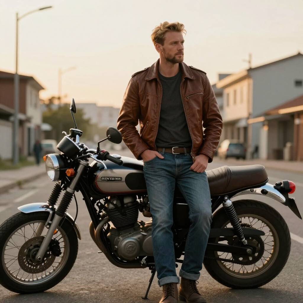 Z image AI generated photorealistic man with vintage motorcycle in urban cinematic setting