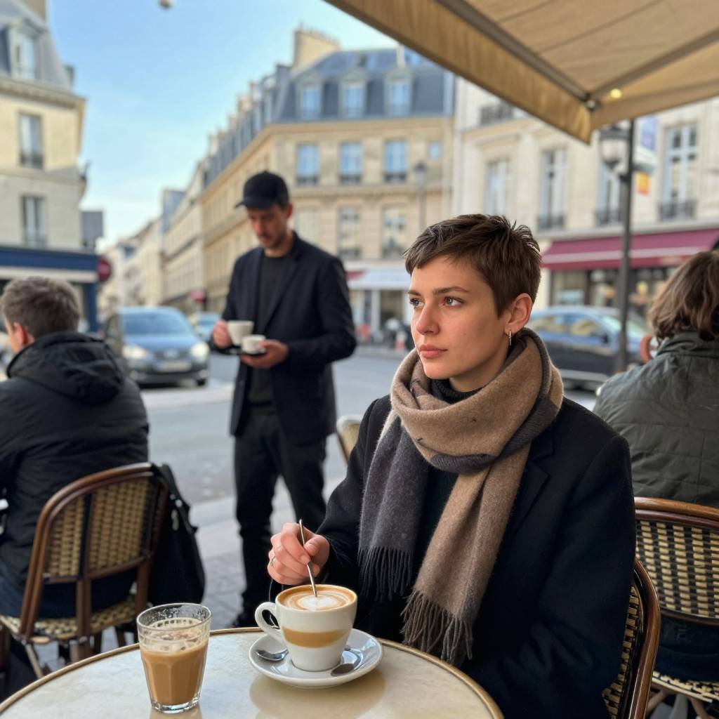 Z image AI generated Paris cafe terrace in Le Marais spring morning