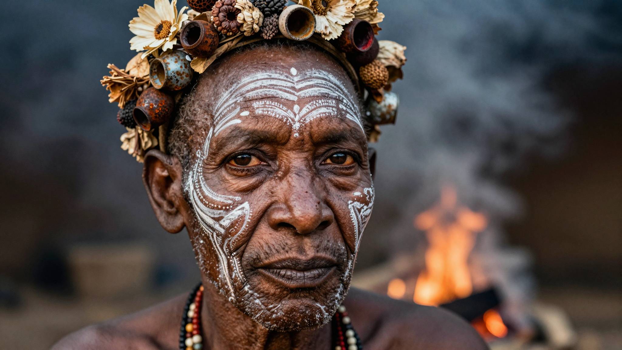 Z image AI generated tribal elder from Omo Valley with chalk face patterns