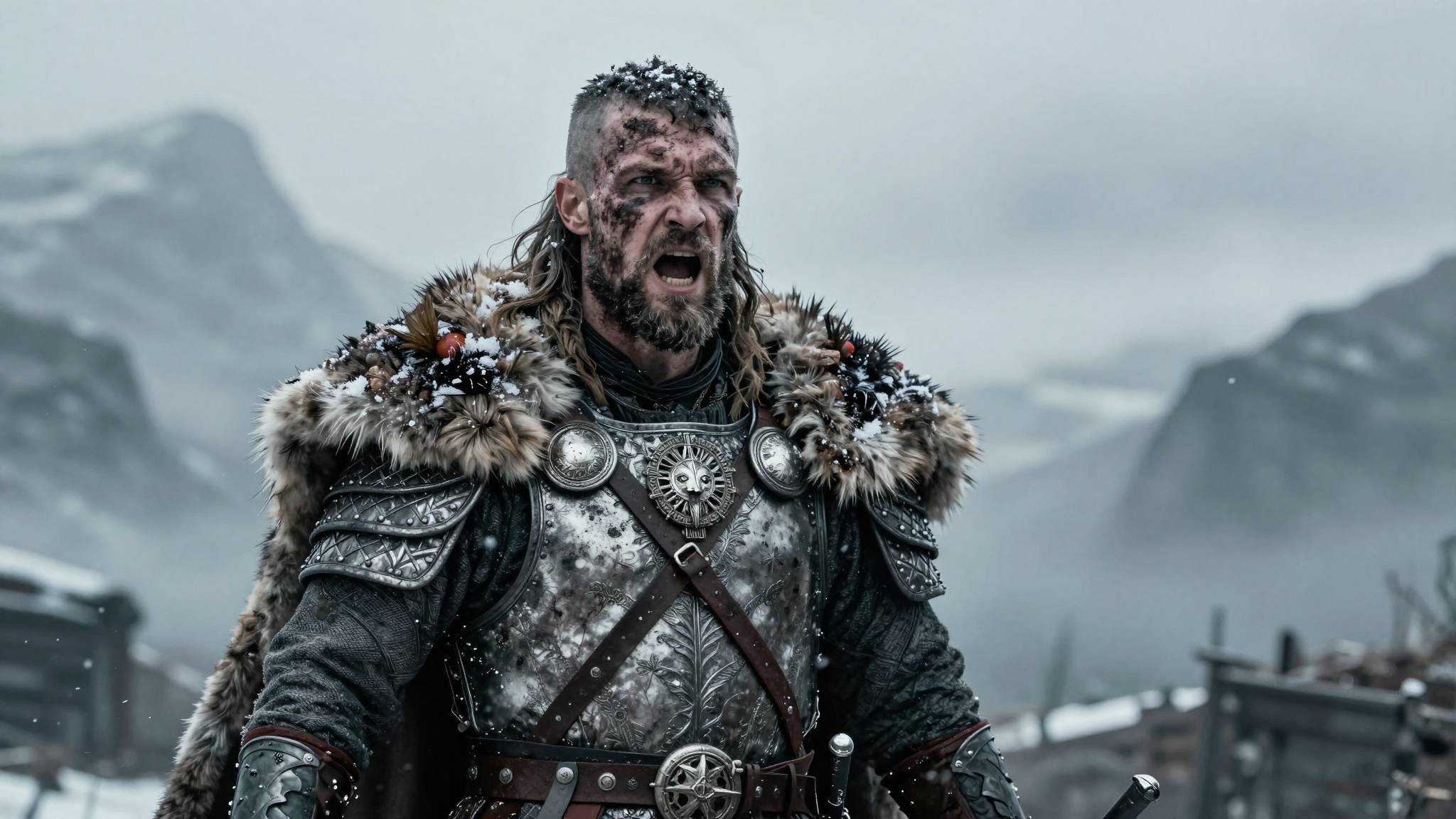 Z image AI generated cinematic viking warrior in blizzard with intricate silver armor and fur cloak, epic battle scene