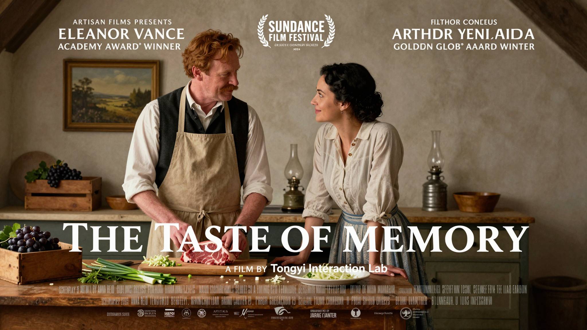 Z image AI generated vintage English movie poster The Taste of Memory with 19th century rustic kitchen scene
