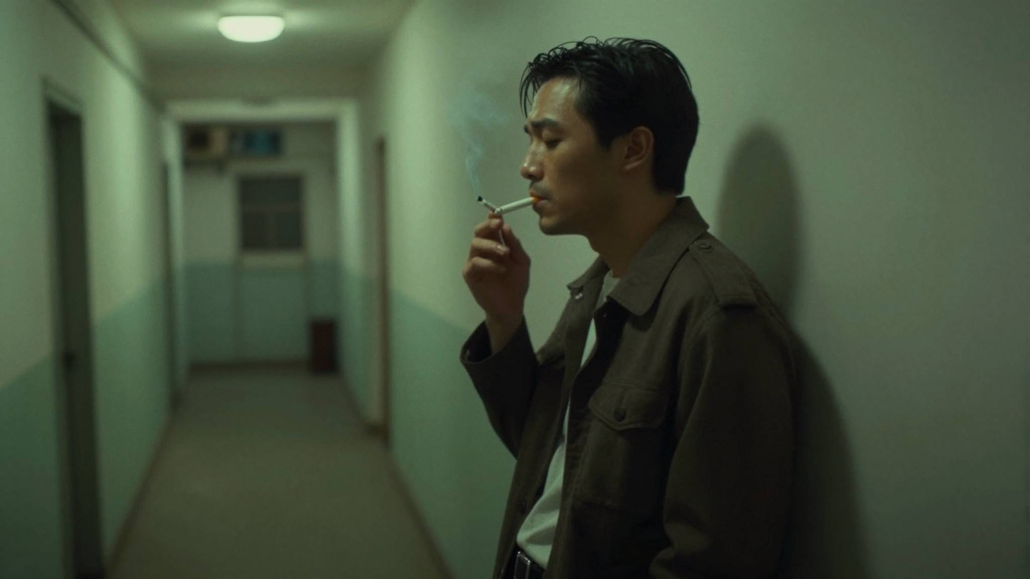 Z image AI generated Wong Kar-wai film style portrait, lonely man in Hong Kong hallway with moody 1990s atmosphere